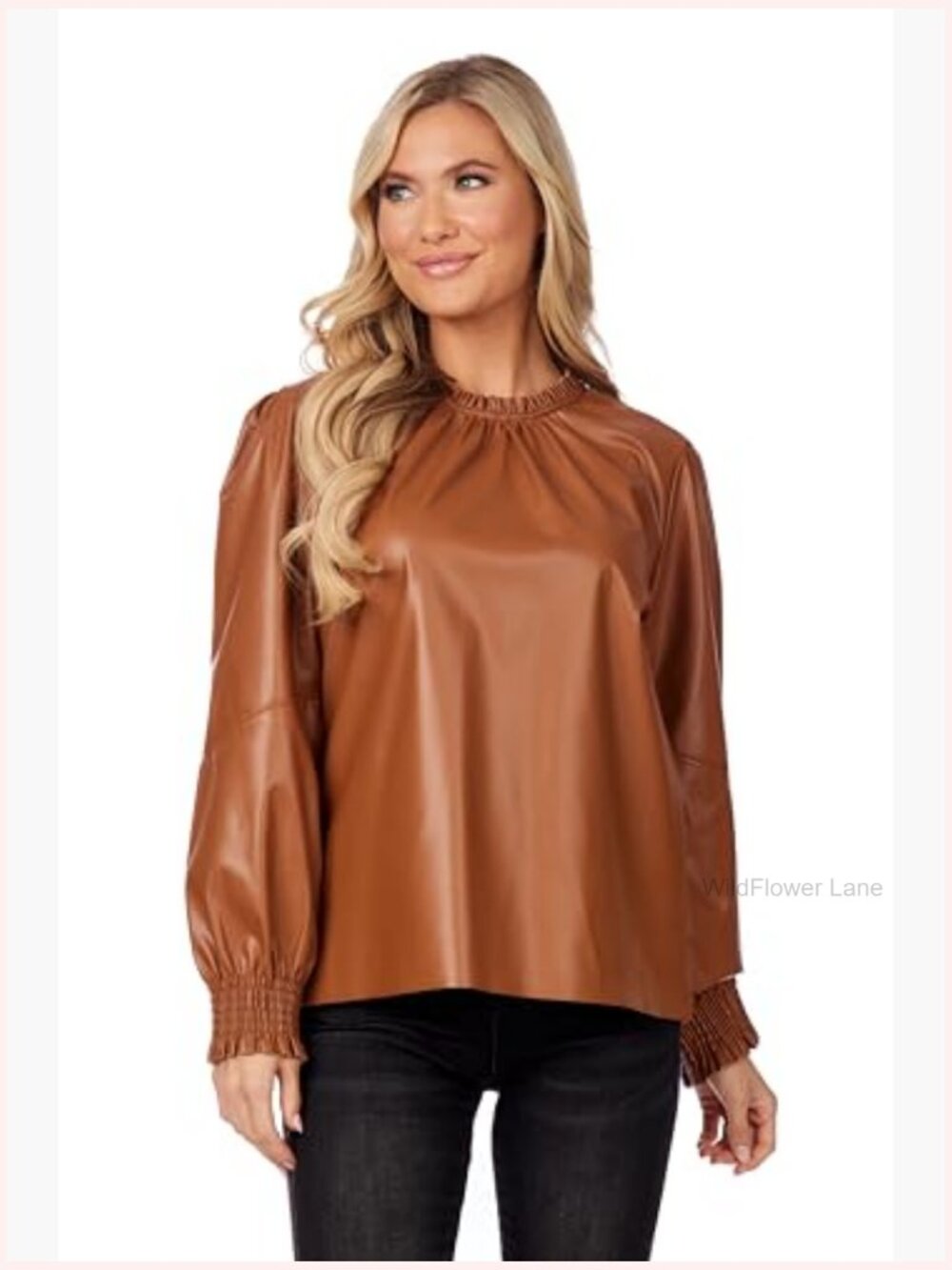 Faux Leather Ruffle Neck Long Sleeve Top Blouse - Picture 2 of 5